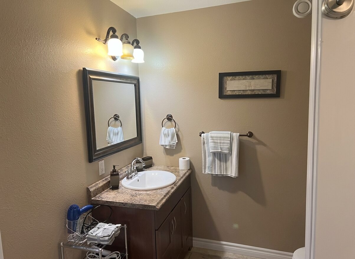 Bathroom vanity with mirror and towels