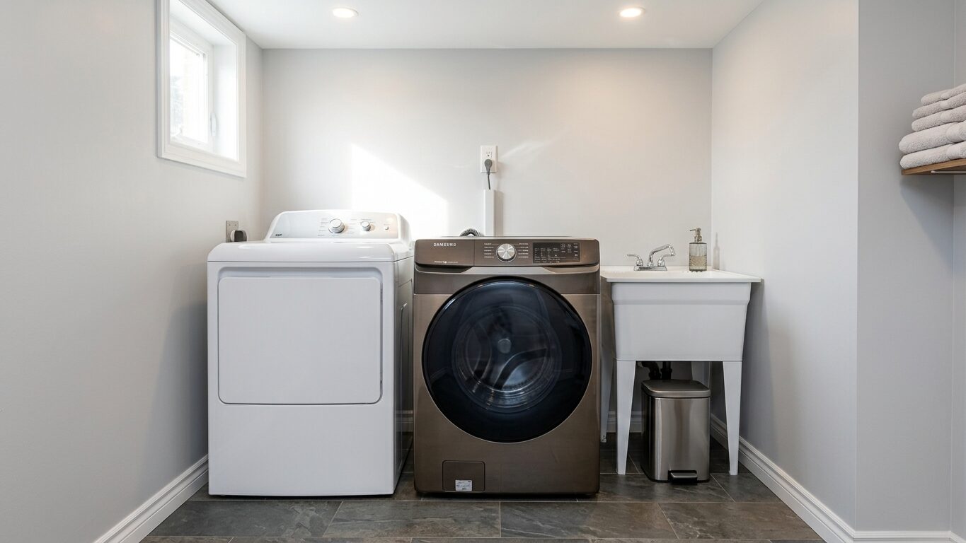 Laundry room with washer, dryer, and utility sink